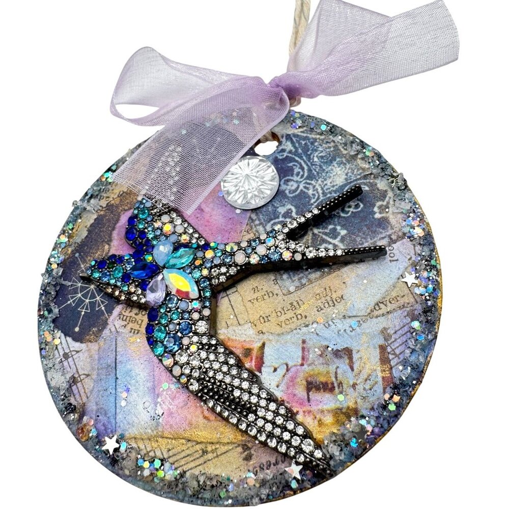 Handcrafted Ornament OOAK Collage Bird Gold & Blue Accents 3" Ribbon
